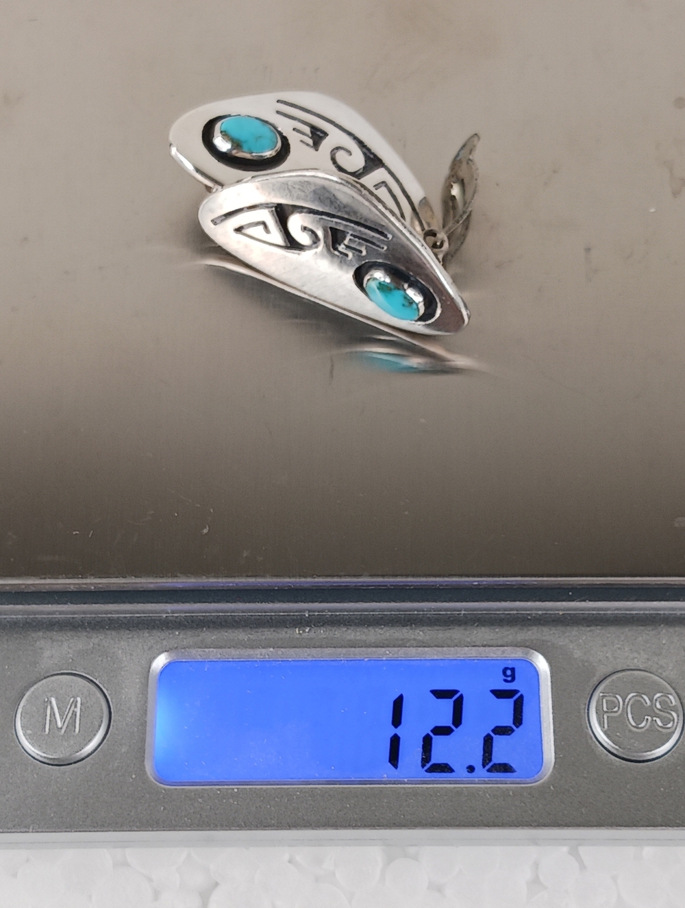 Earrings Clip On Vintage Navajo Sterling Turquoise Elongated Shadowbox Symbols - Picture 10 of 12